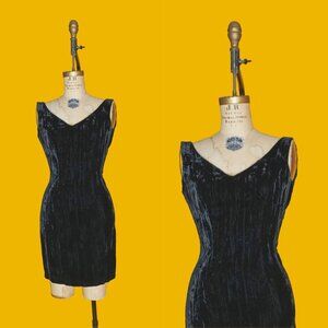 1980s Vintage BETSEY JOHNSON PUNK Label. Black Crushed Velvet Fitted Wiggle Dres